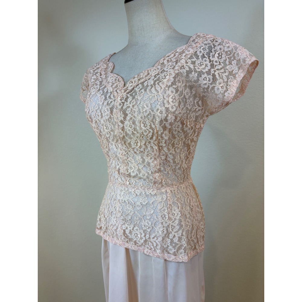 Vtg 50s Lace Top Scarf Slip Set S Pink 3pc Ensemble Romantic Formal cocktail - Picture 3 of 14
